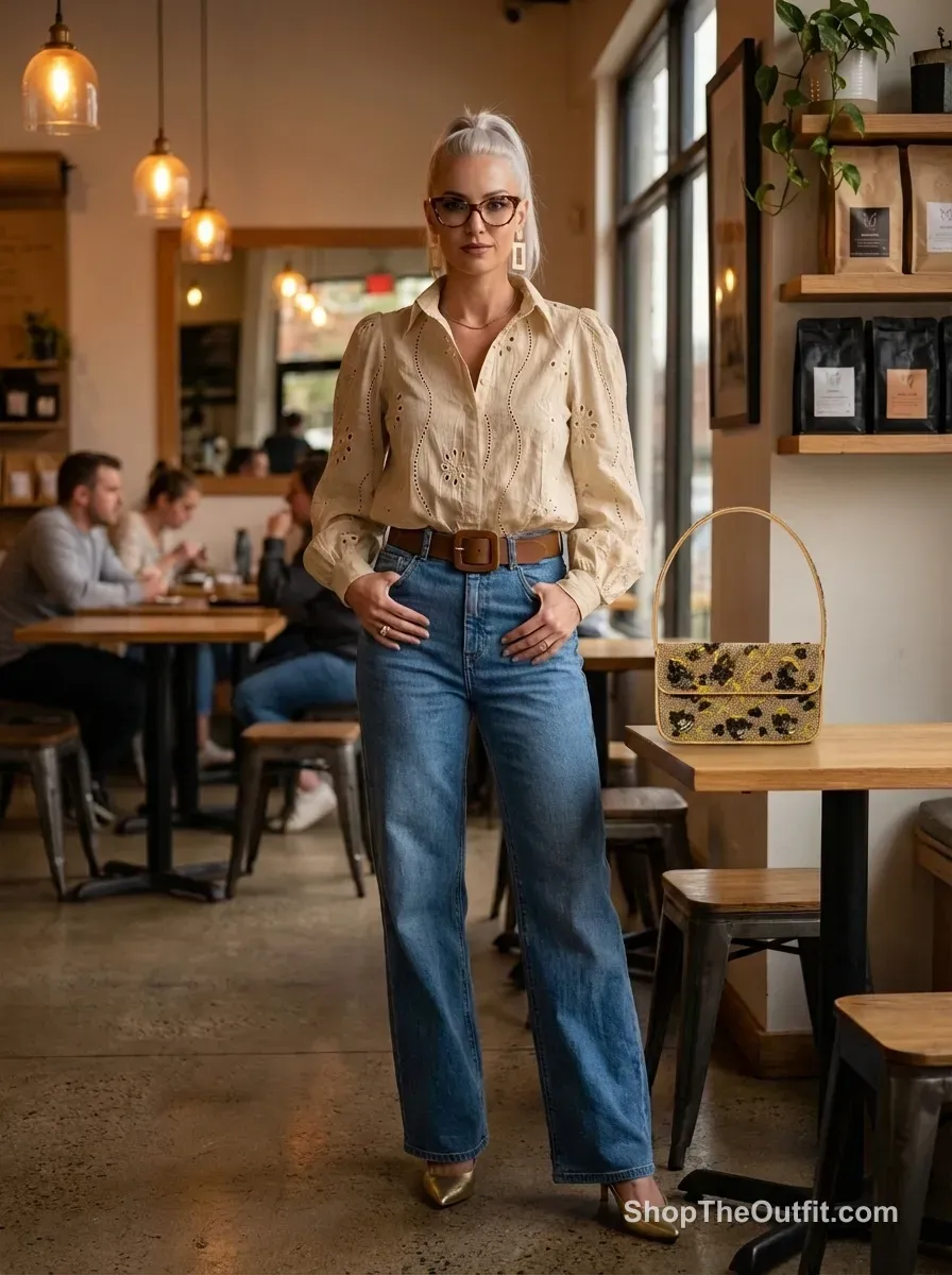 Vintage Glamour: Retro Chic Denim & Puff Sleeve Blouse