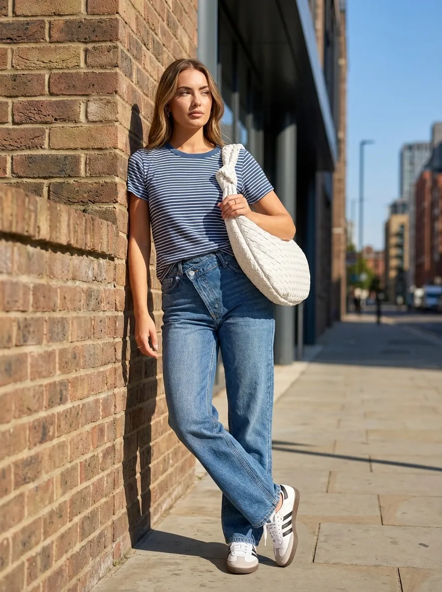 Effortless Chic: Asymmetric Denim & Samba Style