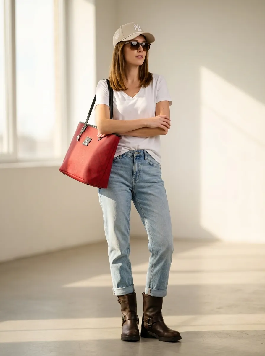 Effortless Edge: Boyfriend Jeans & Biker Boots